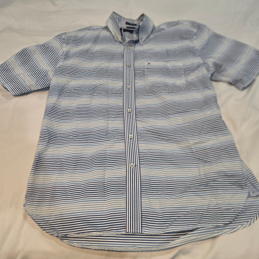 Tommy Hilfiger Button Down Shirt Mens M Blue White Striped Short Sleeve